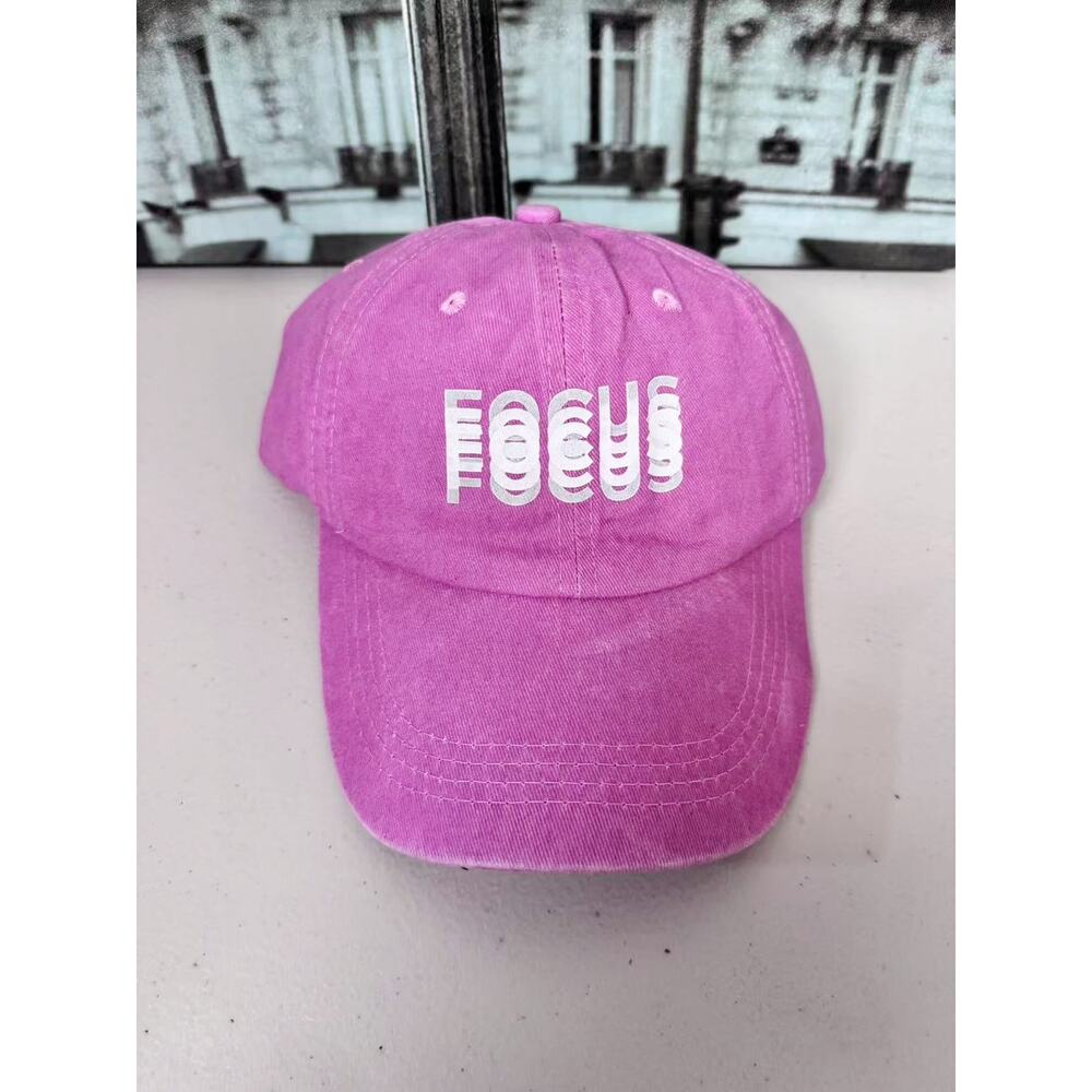 Vintage Washed Pink FOCUS Graphic Cap, Distressed Cotton Dad Hat